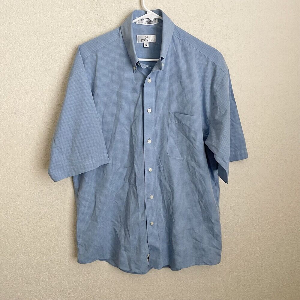 Enro Mens Medium Blue Button Down Shirt Non Iron Cotton Short Sleeve